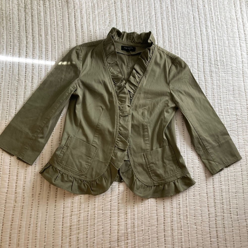 Talbots Olive Green Cotton 3/4 Sleeve Jacket Ruffle Feminine Utility Chic Sz 6